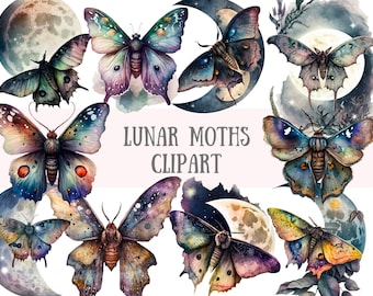 Watercolour Lunar Moths Clipart - Mystical Fantasy PNG Digital Image Downloads for Card Making, Scrapbook, Junk Journal, Paper Crafts