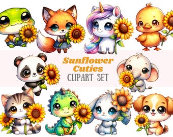 Può includere: Un set di dieci adorabili illustrazioni di animali dei cartoni animati che tengono girasoli. Gli animali includono una rana, una volpe, un unicorno, un'anatra, un panda, un elefante, un gatto, un drago, un coniglio e un cane. Le illustrazioni sono perfette per creare prodotti digitali o stampati come adesivi, biglietti d'auguri o decorazioni per feste.