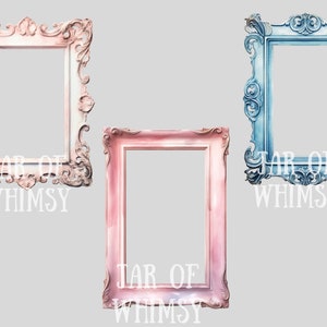 May include: Three ornate picture frames with a white background. The frames are in shades of pink and blue. The text "JAR OF WHIMSY" is printed below each frame.