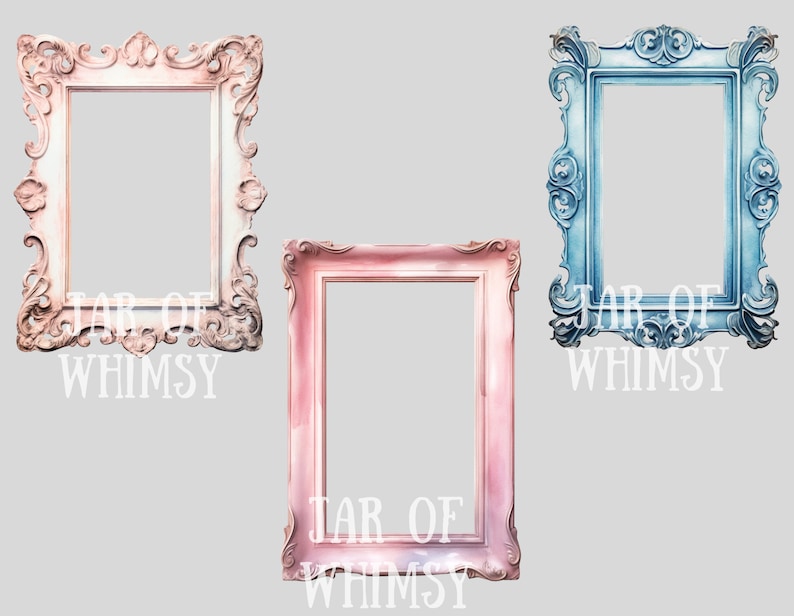 May include: Three ornate picture frames with a white background. The frames are in shades of pink and blue. The text "JAR OF WHIMSY" is printed below each frame.