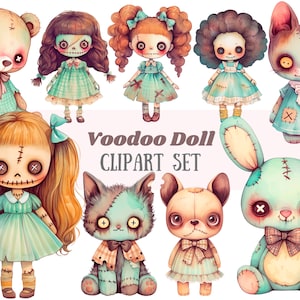 Watercolour Voodoo Doll Clipart Kawaii Zombie Ragdoll Girl PNG Digital Image Download for Card Making Scrapbook Junk Journal Paper Craft