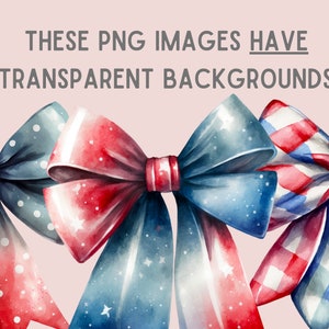 May include: A row of four watercolor bows in red, white, and blue with a white background. The bows are tied with a ribbon and have a star pattern.