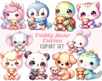 May include: A collection of adorable cartoon animals, including a unicorn, penguin, turtle, cat, elephant, bunny, sheep, panda, dog, and dinosaur, each holding a teddy bear. The text "Teddy Bear Cuties CLIPART SET" is displayed in pink.