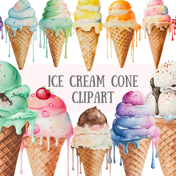 Watercolour Ice Cream Cone Clipart - Summer PNG Digital Image Downloads for Card Making, Scrapbook, Junk Journal, Paper Crafts