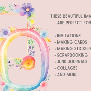 May include: A watercolour illustration of a rainbow arch with a gold frame and floral accents. The text "THESE BEAUTIFUL IMAGES ARE PERFECT FOR:" is listed with bullet points of uses for the image, including invitations, making cards, making stickers, scrapbooking, junk journals, collages, and more.
