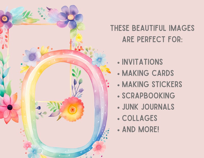 May include: A watercolour illustration of a rainbow arch with a gold frame and floral accents. The text "THESE BEAUTIFUL IMAGES ARE PERFECT FOR:" is listed with bullet points of uses for the image, including invitations, making cards, making stickers, scrapbooking, junk journals, collages, and more.