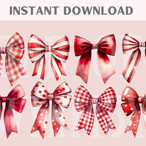 May include: Nine watercolor illustrations of red bows with different patterns. The bows are in various styles, including gingham, polka dots, and stripes.
