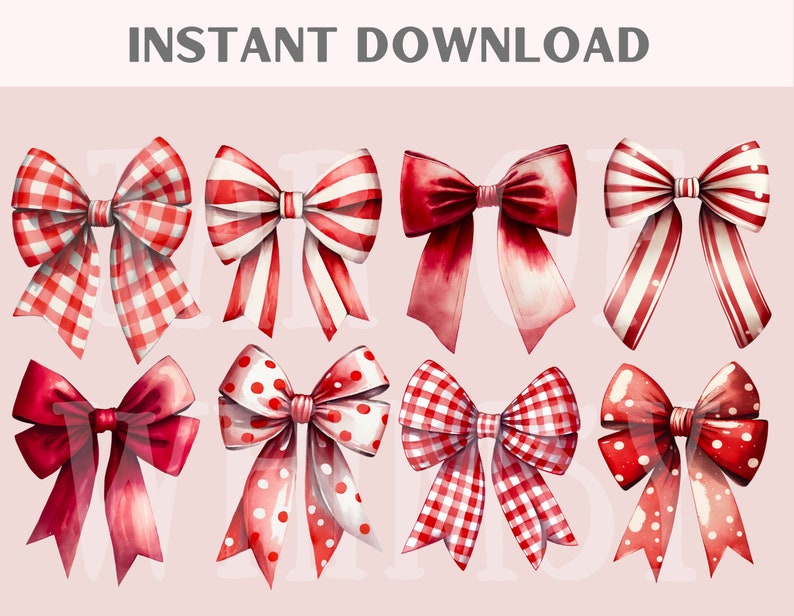 May include: Nine watercolor illustrations of red bows with different patterns. The bows are in various styles, including gingham, polka dots, and stripes.