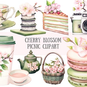 Aquarell Kirschblüte Picknick Clipart Sakura Blume PNG digitale Bild-Downloads für die Kartenherstellung Scrapbook Junk Journal Papierhandwerk