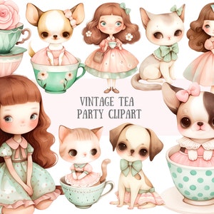 Acquerello Vintage Tea Party Clipart Cute Chibi Teacup Cat PNG Download di immagini digitali per la creazione di cartoline Scrapbook Junk Journal Paper Crafts