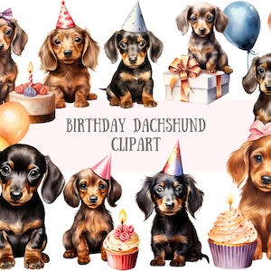 Aquarela Aniversário Dachshund Clipart Salsicha Cachorro PNG Downloads de imagens digitais para fazer cartões Scrapbook Junk Journal Paper Crafts