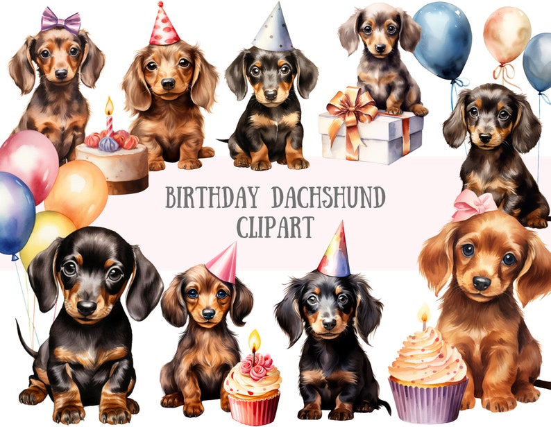 May include: Watercolor illustrations of dachshund puppies wearing party hats and holding birthday treats. The image includes balloons, cupcakes, and a banner that says "Birthday Dachshund Clipart".