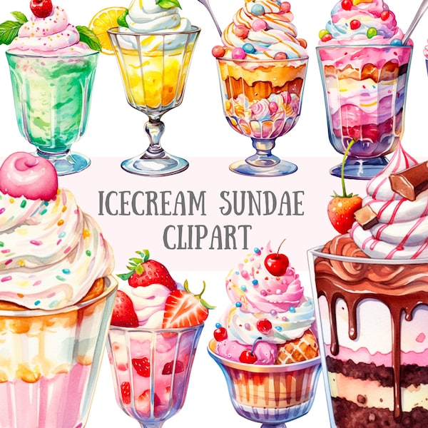 Watercolour Ice Cream Sundae Clipart Kawaii Summer PNG Digital Image Downloads for Card Making Scrapbook Junk Journal Paper Crafts