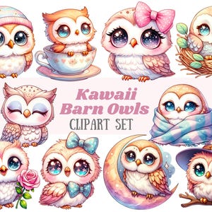 Imágenes prediseñadas de búho de acuarela, búho mago lindo kawaii, imágenes PNG, descargas digitales para hacer tarjetas, álbumes de recortes, diarios basura, manualidades con papel