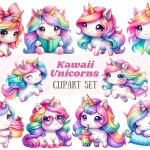 Acuarela Kawaii Unicornio Clipart Chibi Arco Iris Unicornio Bebé PNG Imagen Digital Descargar para Hacer Tarjetas Scrapbook Junk Journal Paper Craft