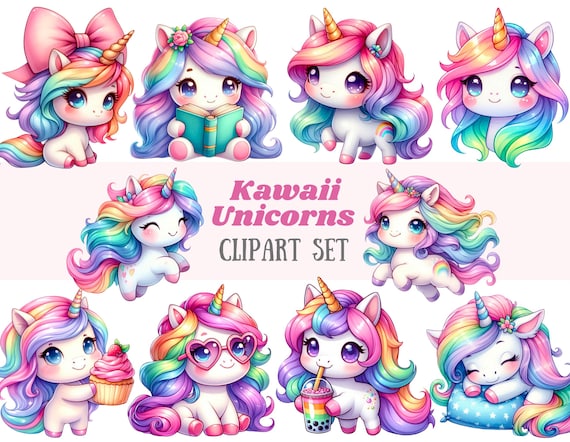 Watercolour Kawaii Unicorn Clipart Chibi Rainbow Unicorn Baby PNG Digital Image Download for Card Making Scrapbook Junk Journal Paper Craft