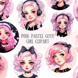 Aquarell rosa Pastell Goth Mädchen Clipart Kawaii Gamer Mädchen PNG digitale Bild-Downloads für die Kartenherstellung Scrapbook Junk Journal Papierhandwerk