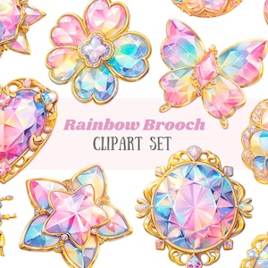 Acuarela arco iris broche clipart joyería de piedras preciosas PNG descargas de imágenes digitales para la fabricación de tarjetas álbum de recortes diario basura artesanías de papel