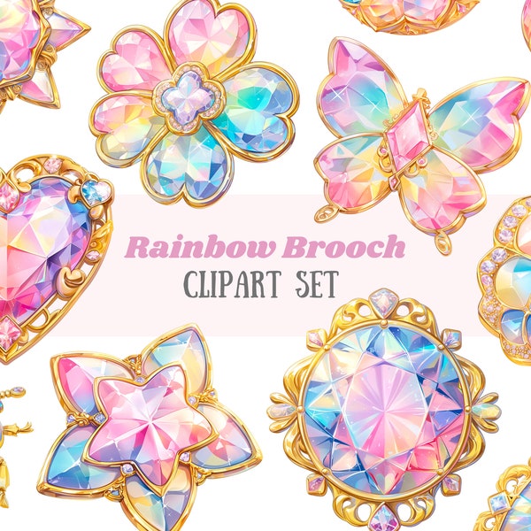 Watercolour Rainbow Brooch Clipart Gemstone Jewelry PNG Digital Image Downloads for Card Making Scrapbook Junk Journal Paper Crafts