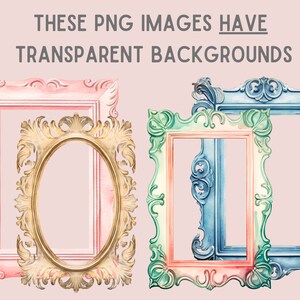 May include: Four ornate picture frames with transparent backgrounds. The frames are in various colors, including pink, gold, blue, and green.