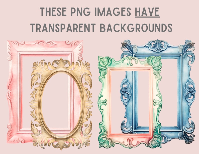 May include: Four ornate picture frames with transparent backgrounds. The frames are in various colors, including pink, gold, blue, and green.