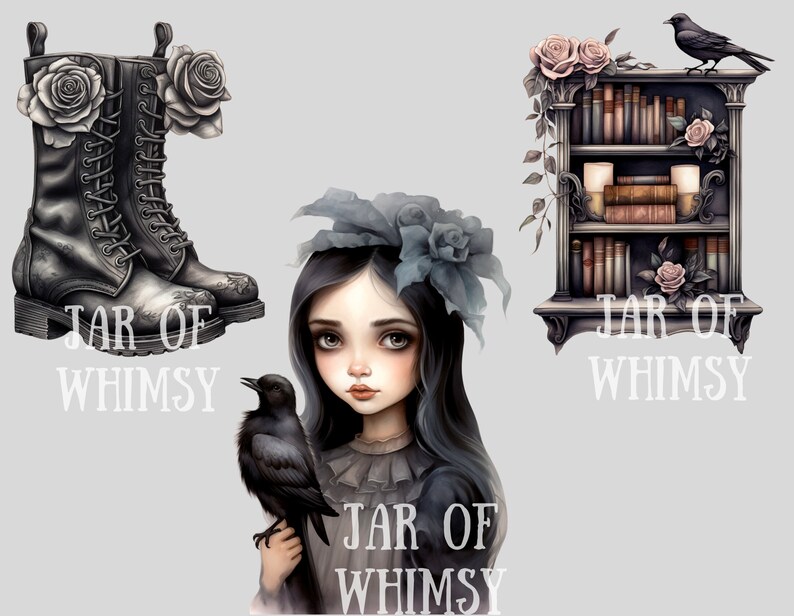Op de afbeelding: Drie digitale illustraties met de tekst "Jar of Whimsy" in zwart-wit. De eerste afbeelding toont een paar zwarte leren laarzen met witte rozen. De tweede afbeelding toont een meisje met zwart haar en een zwarte raaf. De derde afbeelding toont een boekenkast met boeken en kaarsen.