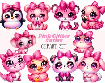 Watercolour Pink Glitter Animal Clipart Kawaii Animals PNG Digital Image Download for Card Making Scrapbook Junk Journal Paper Craft