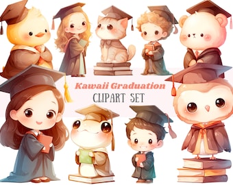 Acuarela Graduación Clipart Kawaii Graduación Oso PNG Descarga de imagen digital para hacer tarjetas Scrapbook Junk Journal Paper Craft