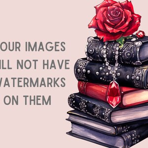 May include: A stack of five antique-looking books with black covers and gold accents. A red rose sits on top of the books, and a red gemstone pendant hangs from a silver chain.
