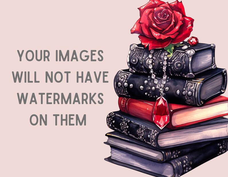 May include: A stack of five antique-looking books with black covers and gold accents. A red rose sits on top of the books, and a red gemstone pendant hangs from a silver chain.