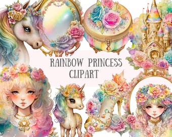 Watercolour Rainbow Princess Clipart - Fantasy PNG Digital Image Downloads for Card Making, Scrapbook, Junk Journal, Paper Crafts