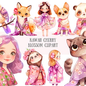 Aquarell Kawaii Kirschblüte Clipart süsse Sakura Mädchen PNG digitale Bild-Downloads für die Kartenherstellung Scrapbook Junk Journal Papierhandwerk