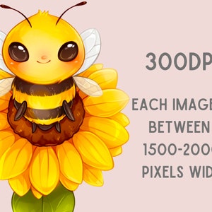 May include: A cartoon bee with black and yellow stripes sits on a yellow sunflower. The bee has large, brown eyes and a small, pink nose.