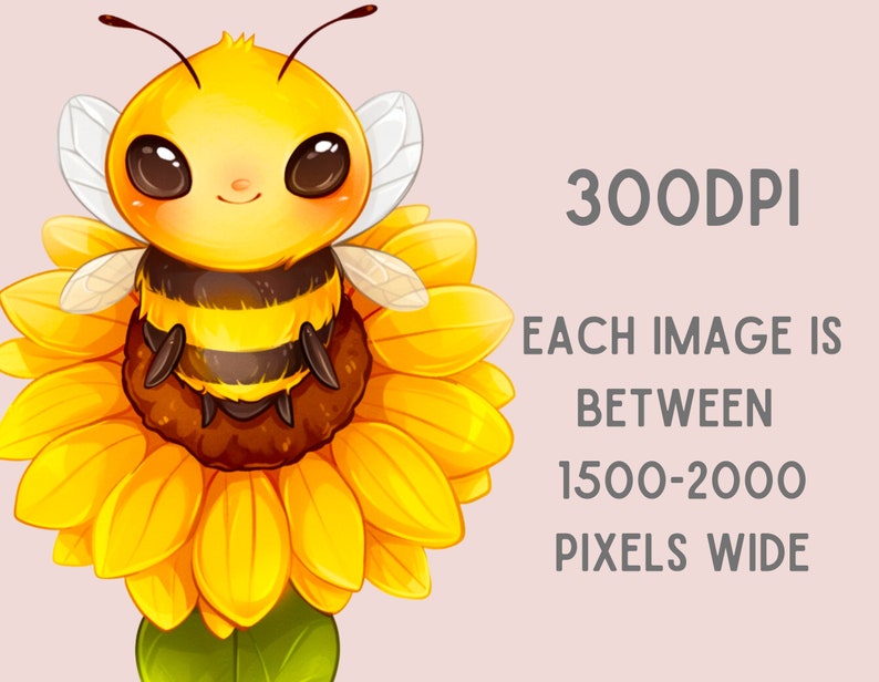 May include: A cartoon bee with black and yellow stripes sits on a yellow sunflower. The bee has large, brown eyes and a small, pink nose.
