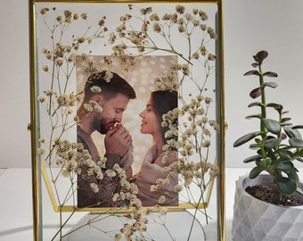 Gold Glass Frame with Mini White Cream Dried Presserved Babys Breath Flowers, Cute, Gift Ideas, Wedding, Birthday, Love, Anniversary