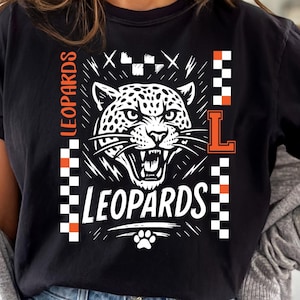 Leopards SVG PNG Shirt Design – Grunge Leopard Head Mascot with Varsity L & Paw Print for Cricut, Sublimation, School Spirit Cheer Design