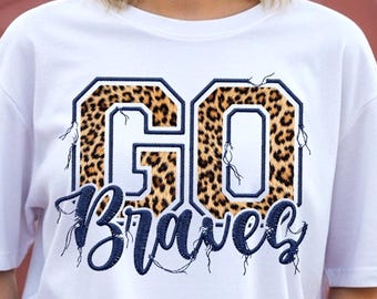 Braves PNG Sublimation Design, Leopard Varsity Go Braves Script, Braves Mom Game Day Shirt Design, Distressed Stitch Look Png