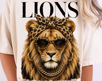 Lions Mascot PNG, Lions Team Spirit Sublimation Design, School Sports Mom Digital Download, Leopard Bandana Lion Graphic