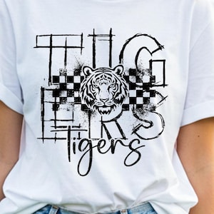 Tigers Sublimation PNG, Grunge Checkered Tigers Mascot Shirt Design, Trendy School Spirit Game Day PNG, Cheer Fan Digital Download