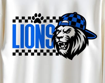 Lions Mascot SVG | Checkered Cap Design (Digital Files)