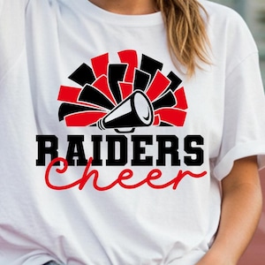 Raiders Cheer SVG PNG, School Spirit Pom Pom Megaphone Shirt Design, Bold Raiders Mascot Sublimation for Cricut and Silhouette