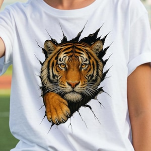 Tiger Face & Claw Scratch PNG Shirt Design – Fierce Tigers Sublimation Graphic Breaking Through Wall for DTG, Tigers Shirt Design Png