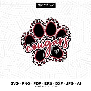 Könnte beinhalten: Ein roter und schwarzer Pfotenabdruck mit Leopardenmuster. Das Wort "Cougars" ist in roter Kursivschrift in den Pfotenabdruck geschrieben.