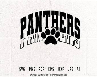 May include: Black and white graphic design of the word "Panthers" in a bold, arched font with a paw print in the center. The text "It's All About The" is written in a smaller font below the paw print.