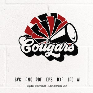Cougars Cheer SVG PNG, Cougars Mascot svg, Cougars svg, Cougars Shirt svg, School Spirit svg, Cheer Megaphone, Cougars Pom pom svg