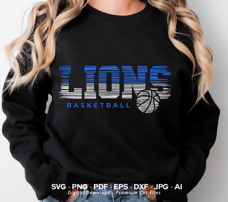 May include: Black sweatshirt with a blue and white striped graphic that says "LION'S BASKETBALL" with a basketball graphic.