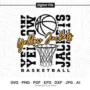 Può includere: Design di pallacanestro in bianco e nero con una palla da basket e un canestro. Il testo "Yellow Jackets" è in giallo e il testo "Basketball" è in nero.