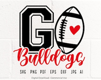 May include: Black and white graphic design of a football with a red heart and the word "Go Bulldogs" in red. The design is on a white brick background.