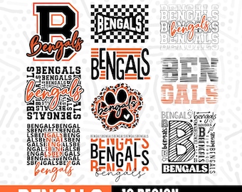 Puede incluir: Diez diseños diferentes para un logotipo de Bengals, que presentan una variedad de estilos y combinaciones de colores. Los diseños incluyen una huella de pata, una letra B y la palabra "Bengals" en diferentes fuentes y arreglos. Los diseños están disponibles en formatos SVG y PNG.