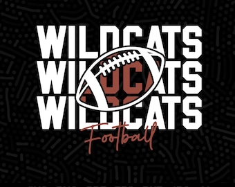 May include: A white graphic design with the text "WILDCATS" repeated three times, with a football graphic in the middle. The text "Football" is written in cursive below the graphic. The background is black with a pattern of white and brown lines.
